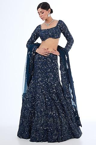 blue organza & tulle floral embroidered lehenga set