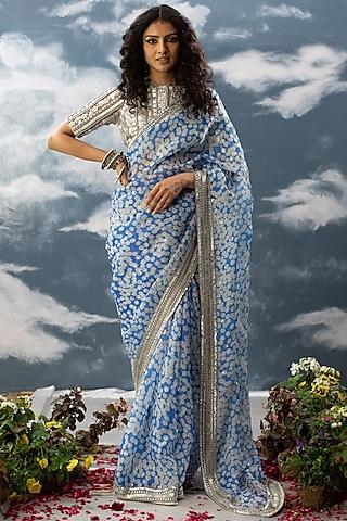 blue organza printed & embroidered saree set