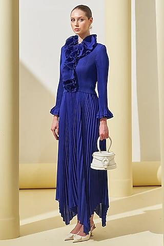 blue pleated polyester asymmetrical dress