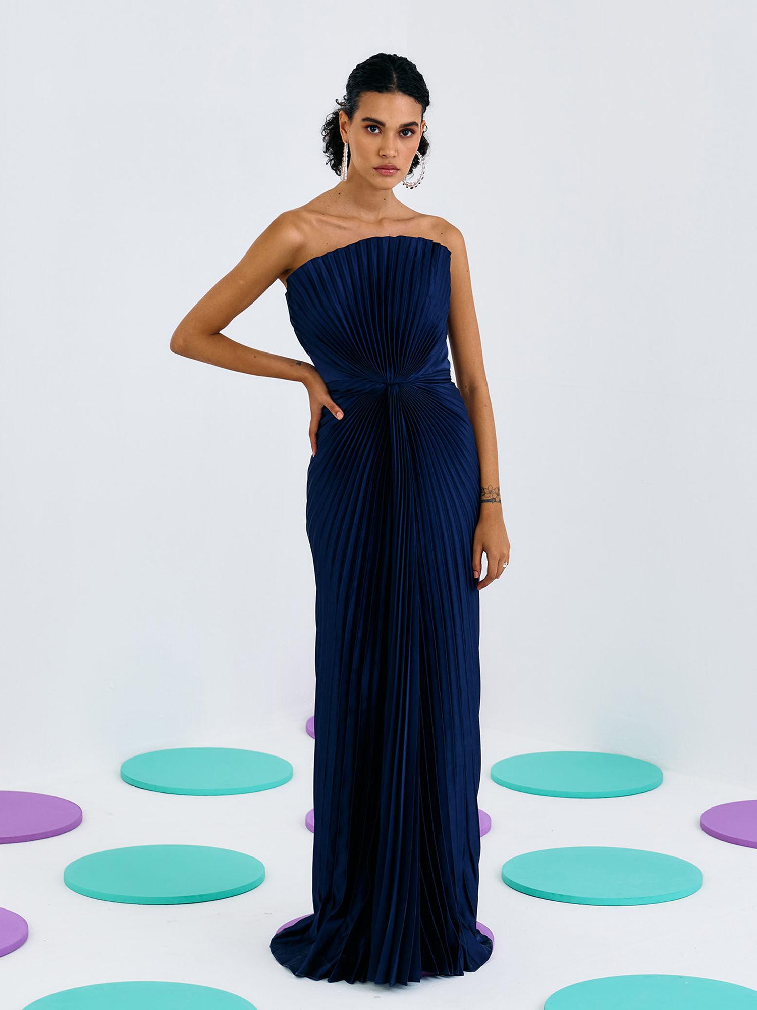 blue pleated tube gown