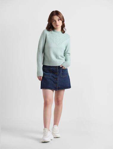 blue pointelle knit pullover