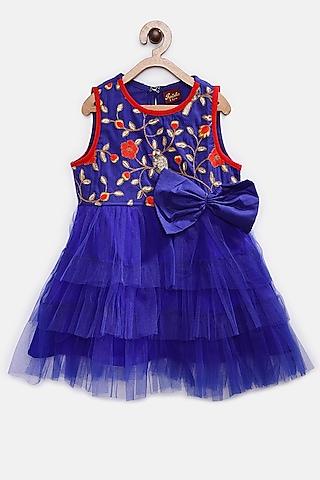 blue polyester embroidered dress for girls