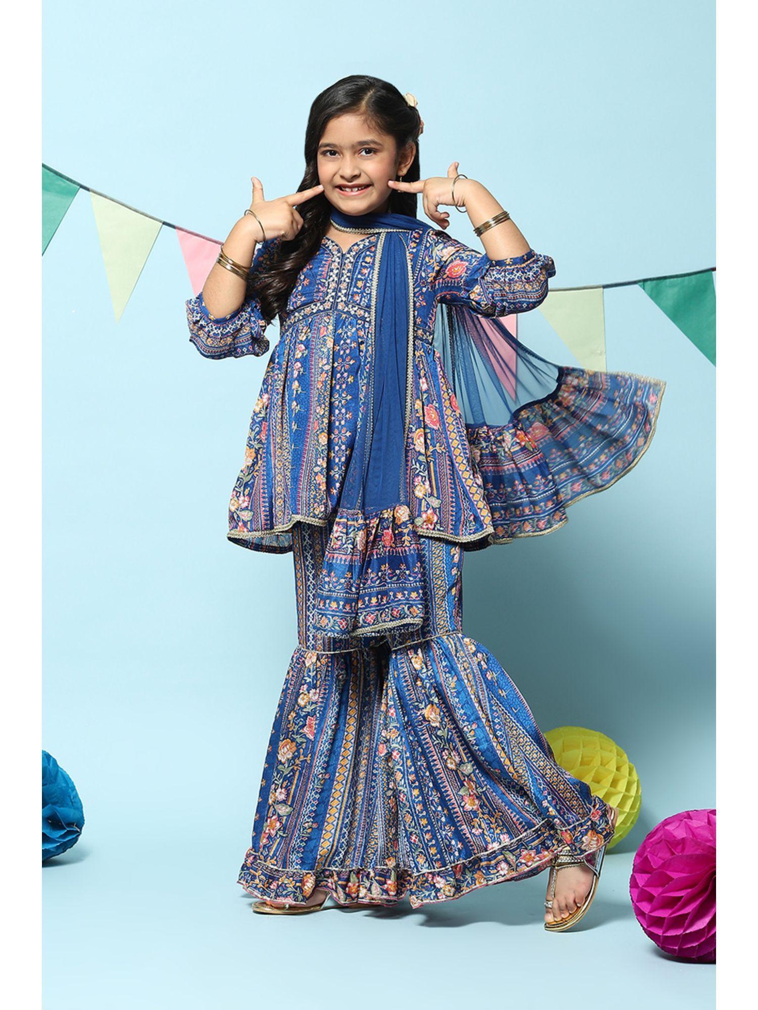 blue-polyester-gathered-printed-suit-(set-of-3)