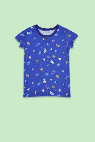 blue printed casual short sleeves round neck girls regular fit t-shirt