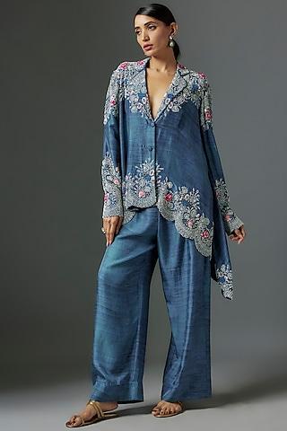 blue printed china dupion pearl embroidered tunic set