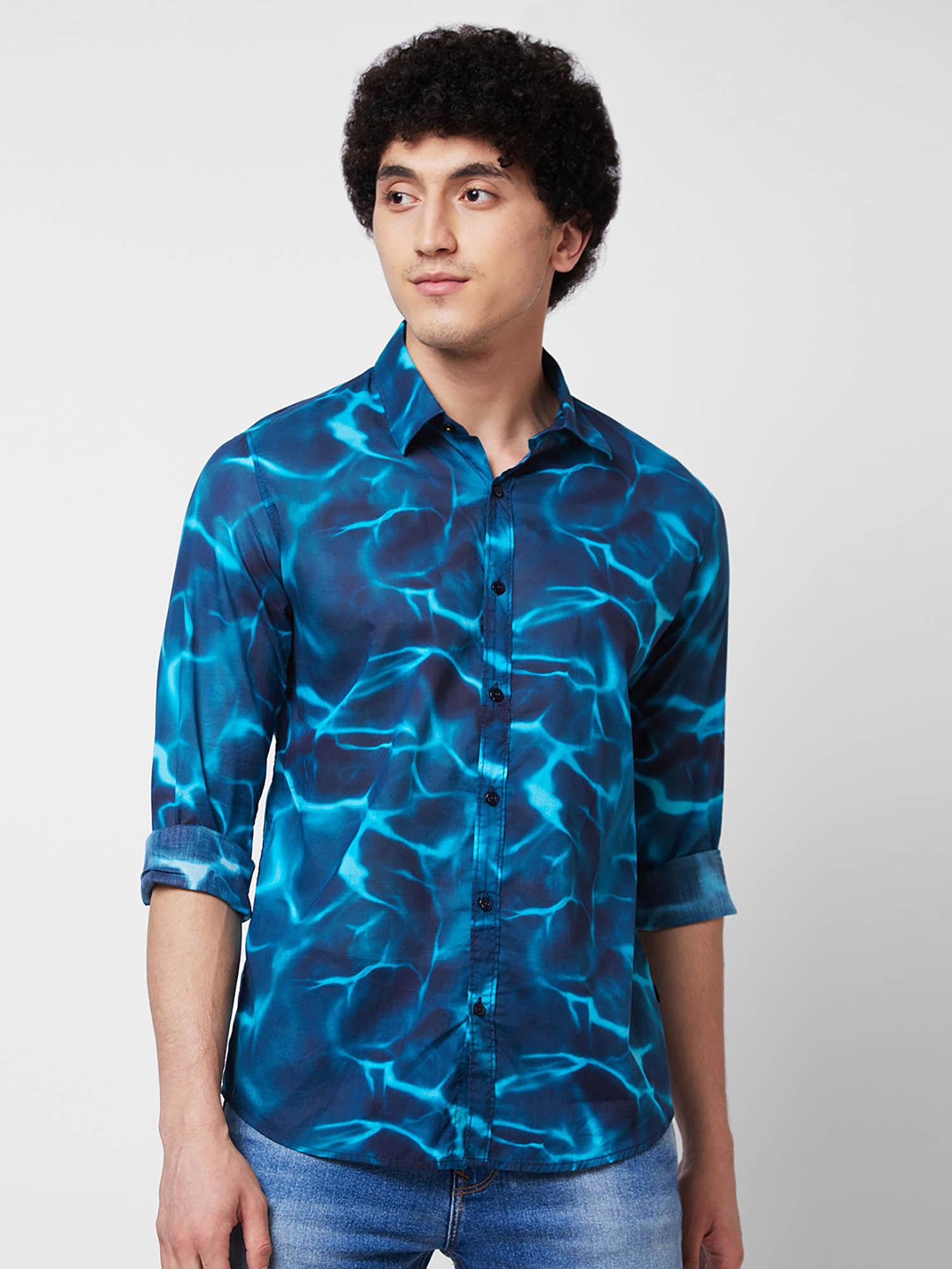 blue printed full sleeve shirt for men