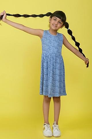 blue printed gathered dress for girls