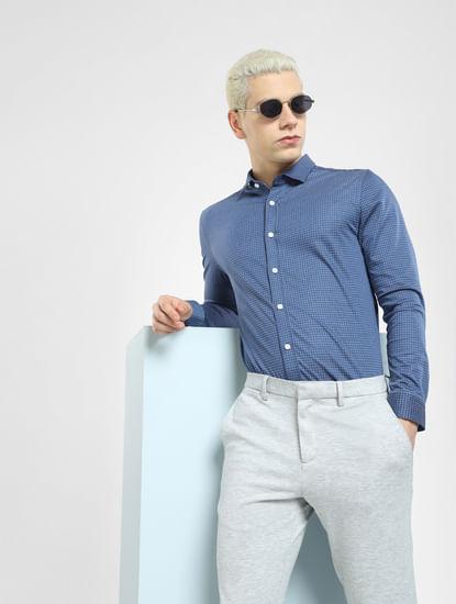 blue printed knit full sleeves shirt