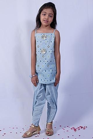 blue printed kurta set for girls
