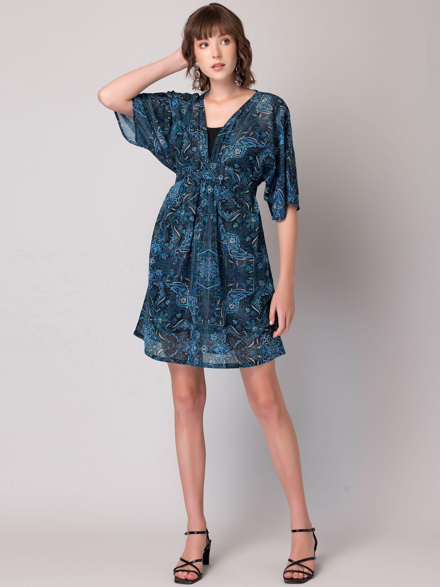blue printed tie up shift dress