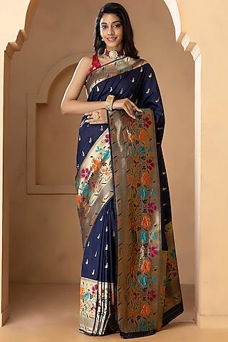 blue pure katan silk embroidered saree