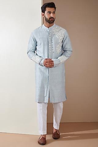 blue raw silk resham embroidered sherwani