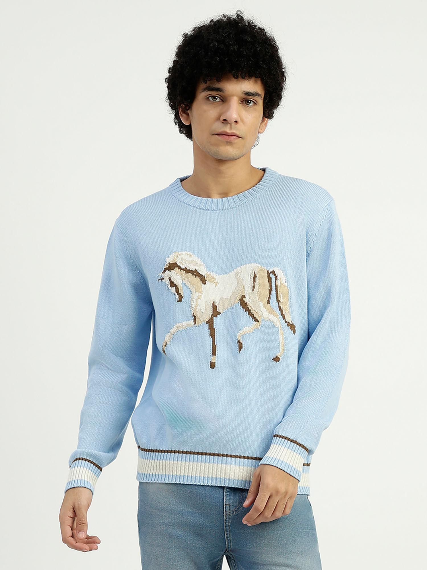 blue relaxed fit round neck printed sweater