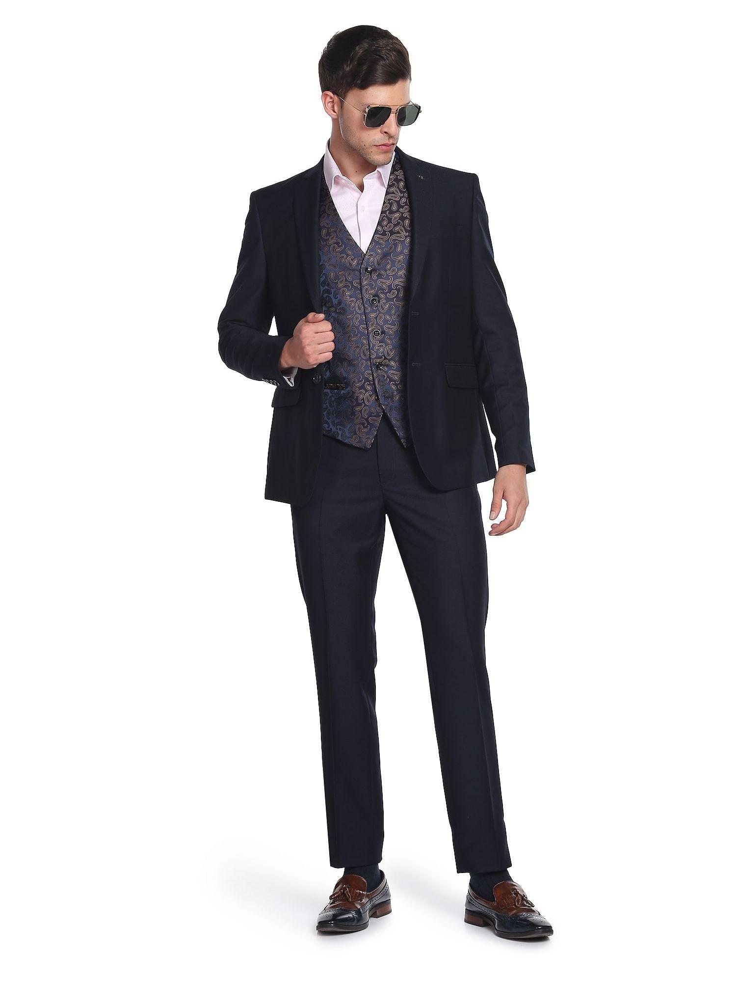 blue reversible waistcoat self design suit (set of 3)