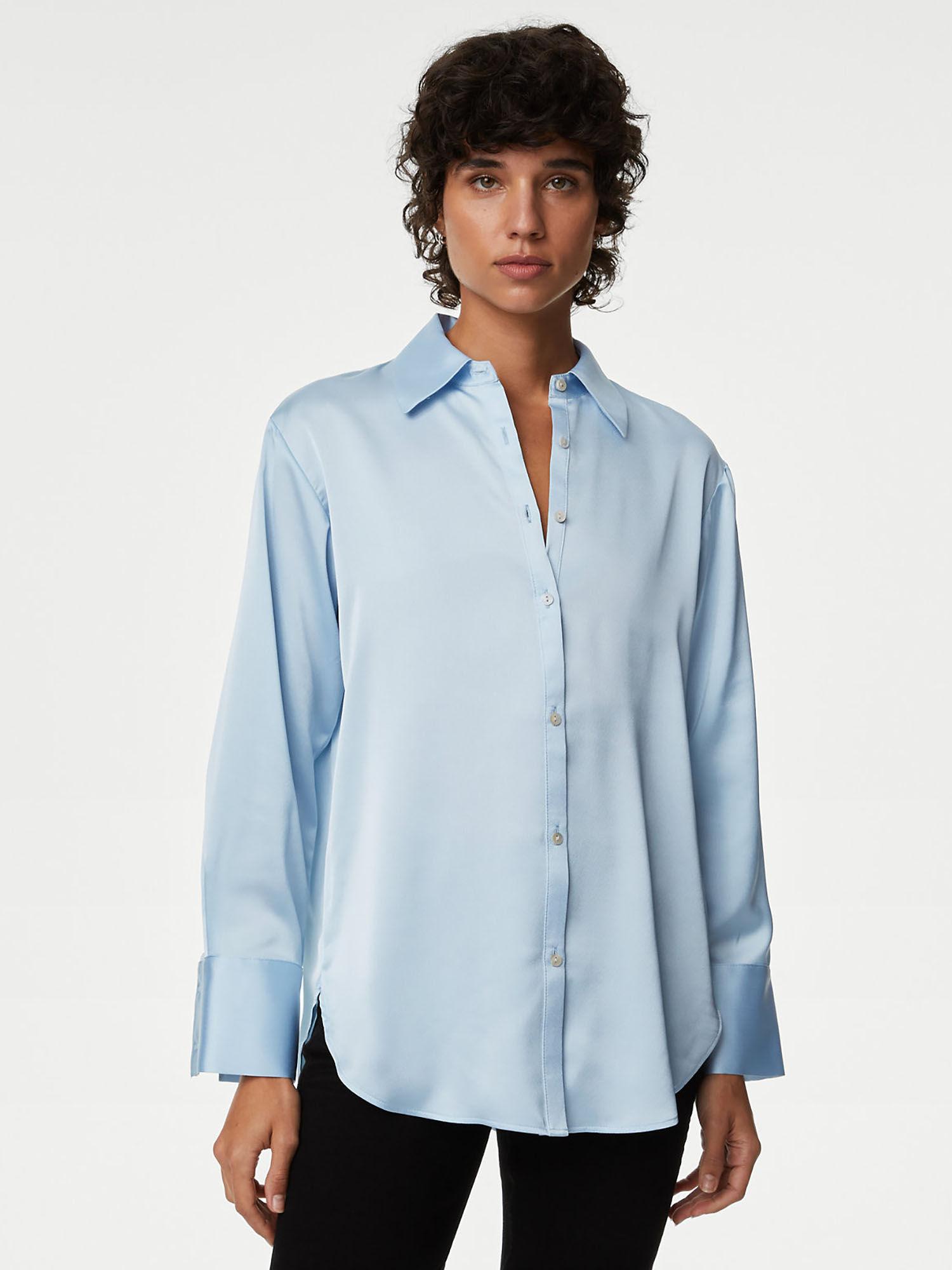 blue satin collared longline oversized shirt