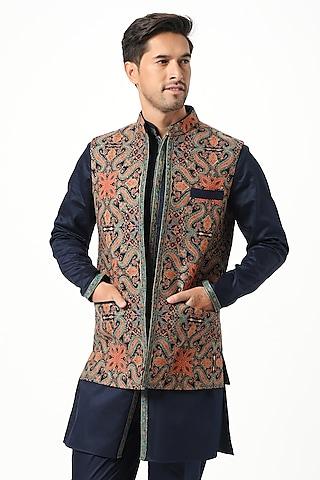 blue silk & wool embroidered nehru jacket