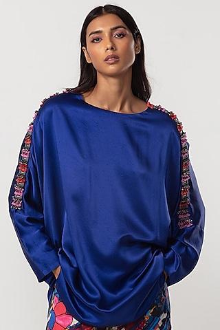 blue silk hand embroidered blouse