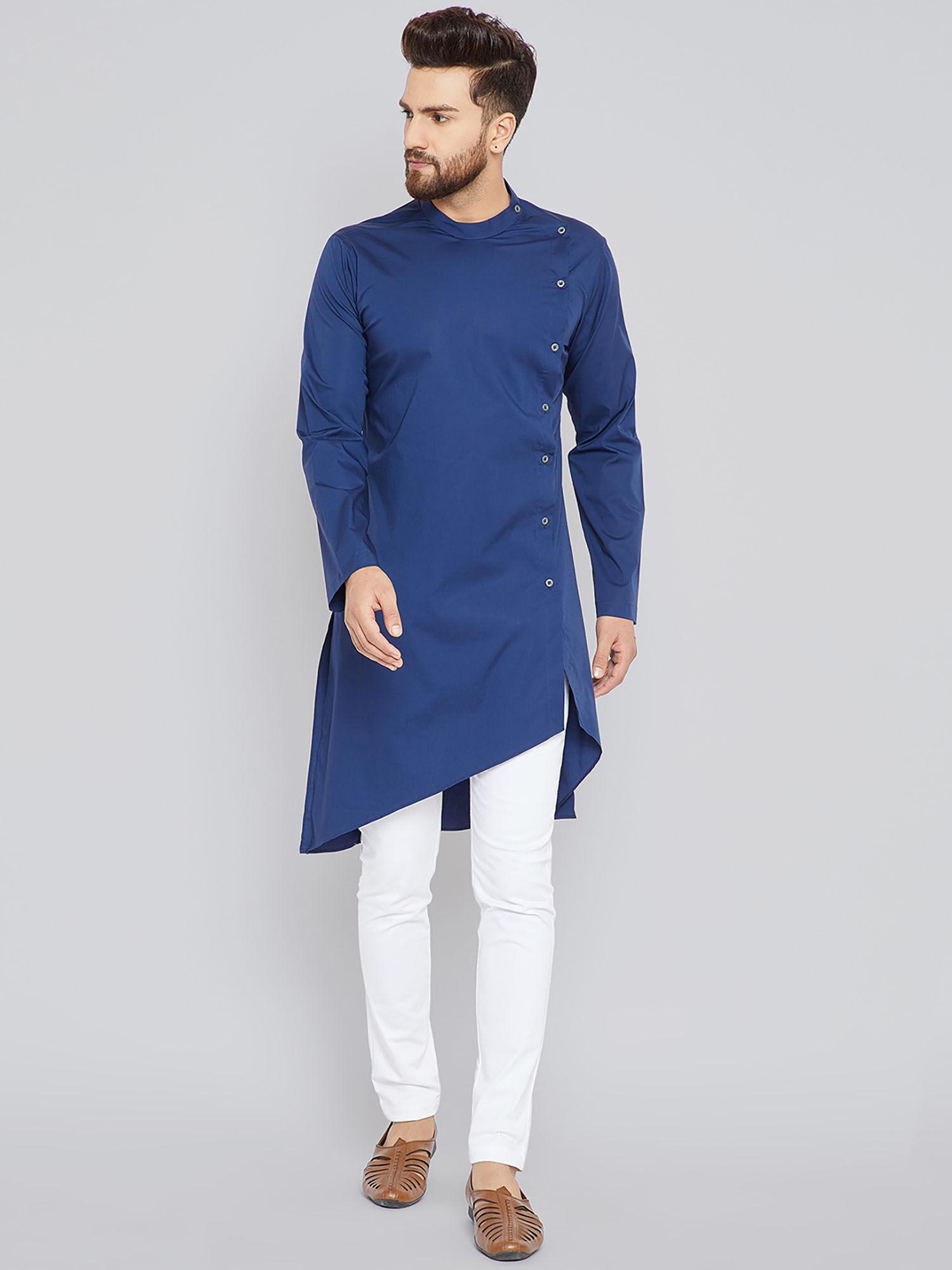 blue solid full sleeves kurta & pyjama (set of 2)