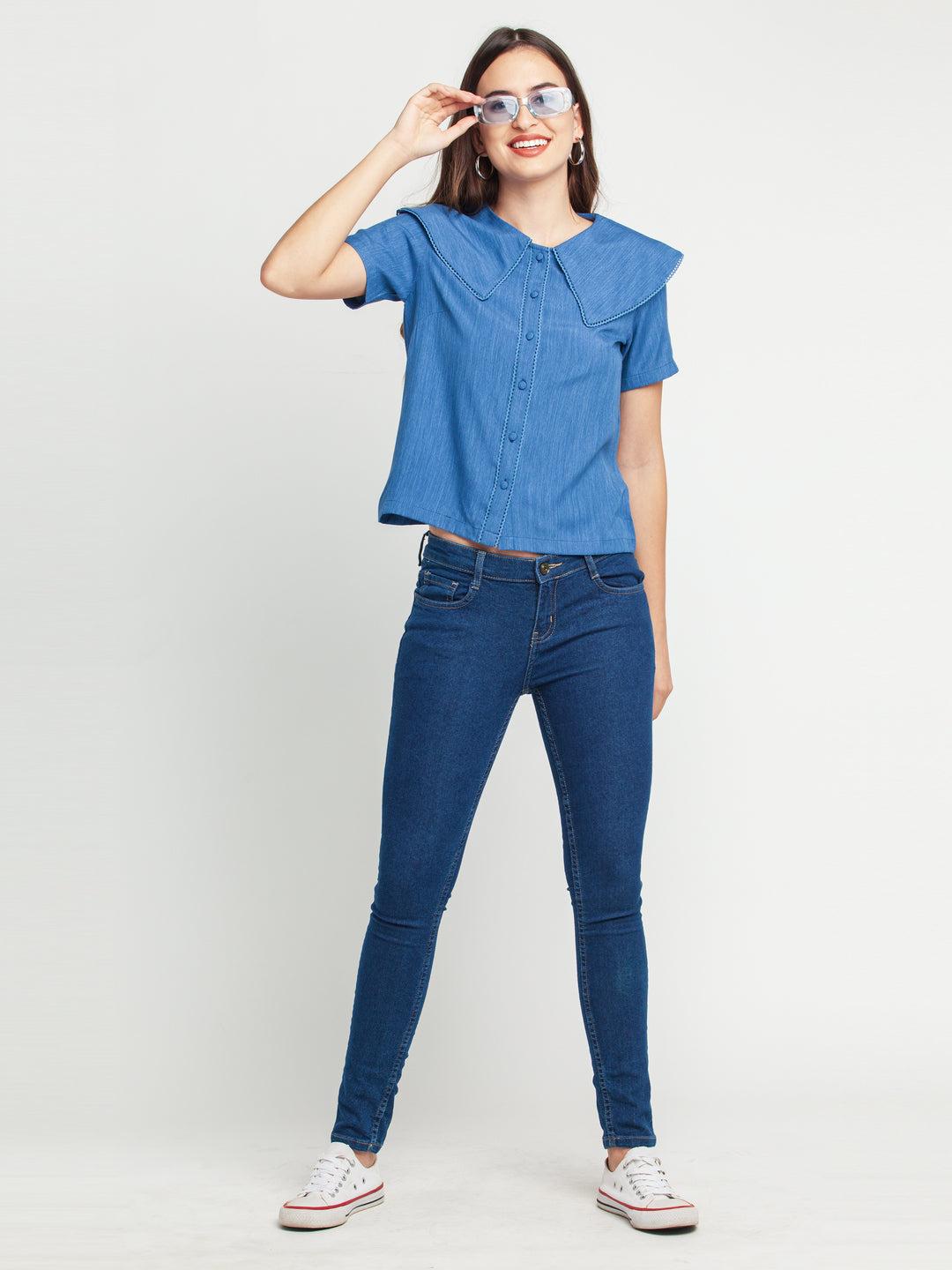 blue solid lace insert shirt for women