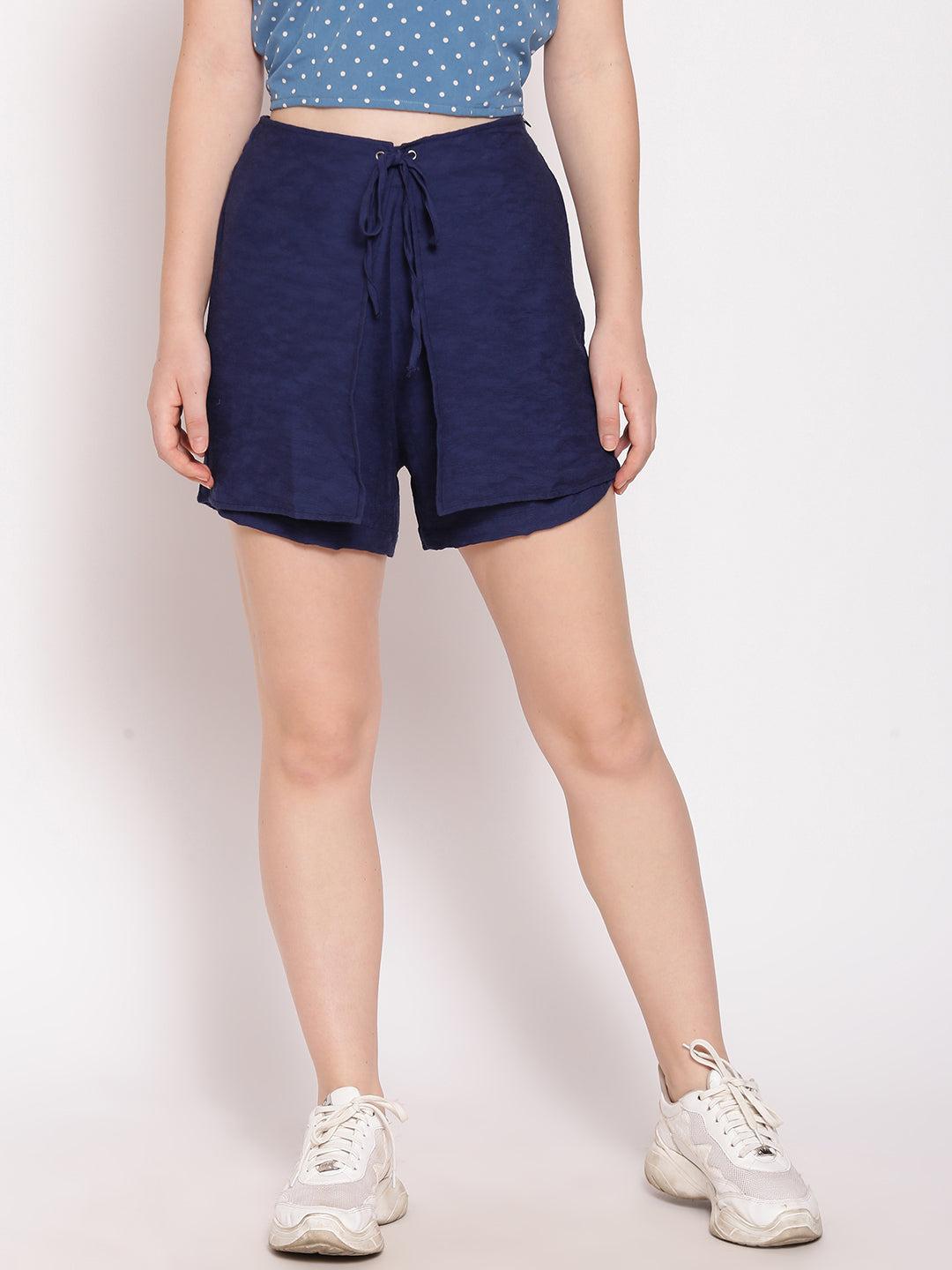 blue solid layered shorts for women