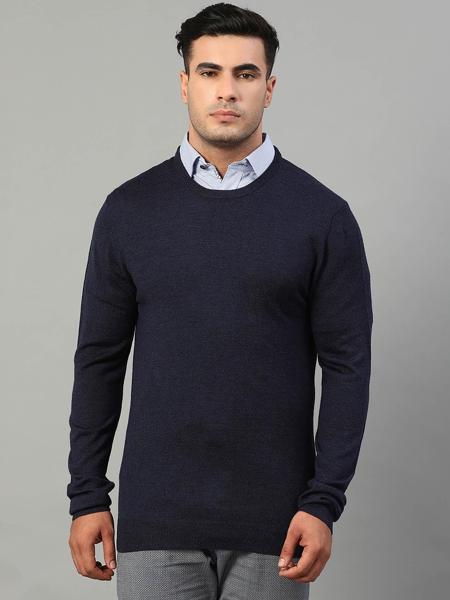 blue solid round neck sweater