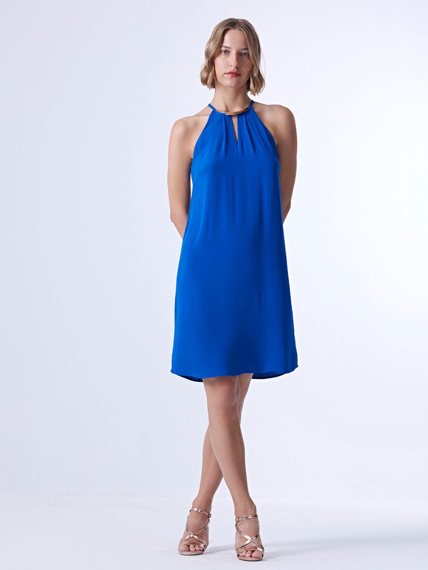 blue solid sleeveless halter neck knee length dress