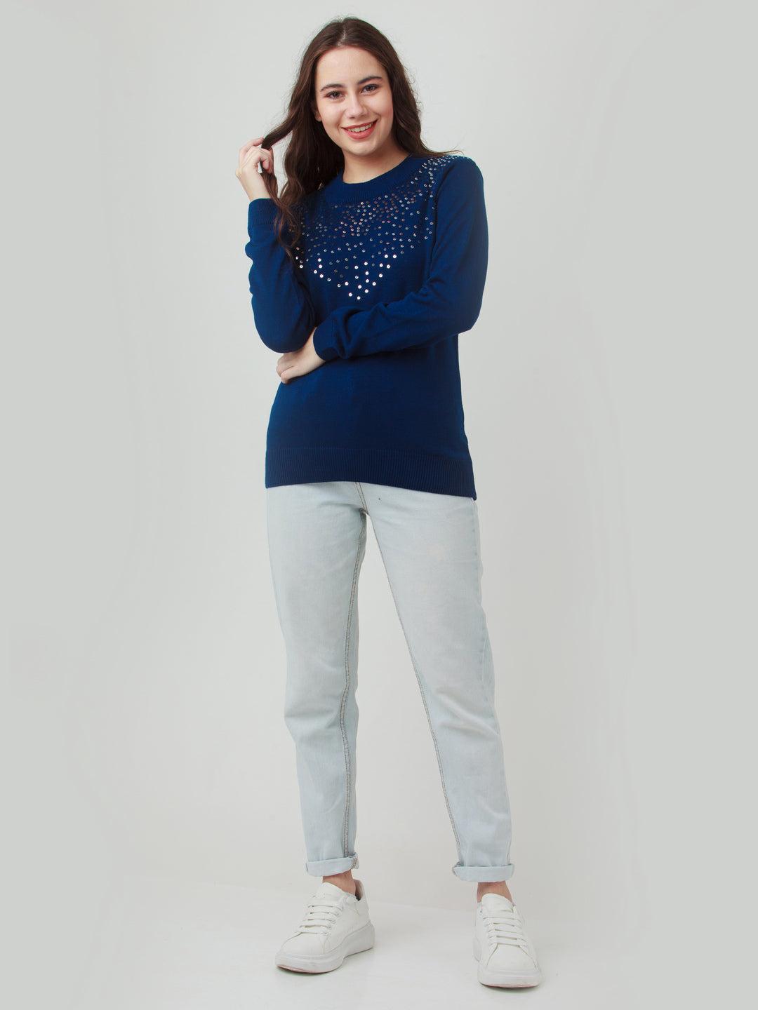 blue solid straight sweater for women