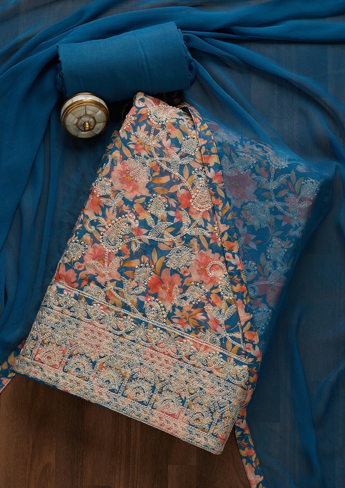 blue threadwork semi crepe unstitched salwar suit