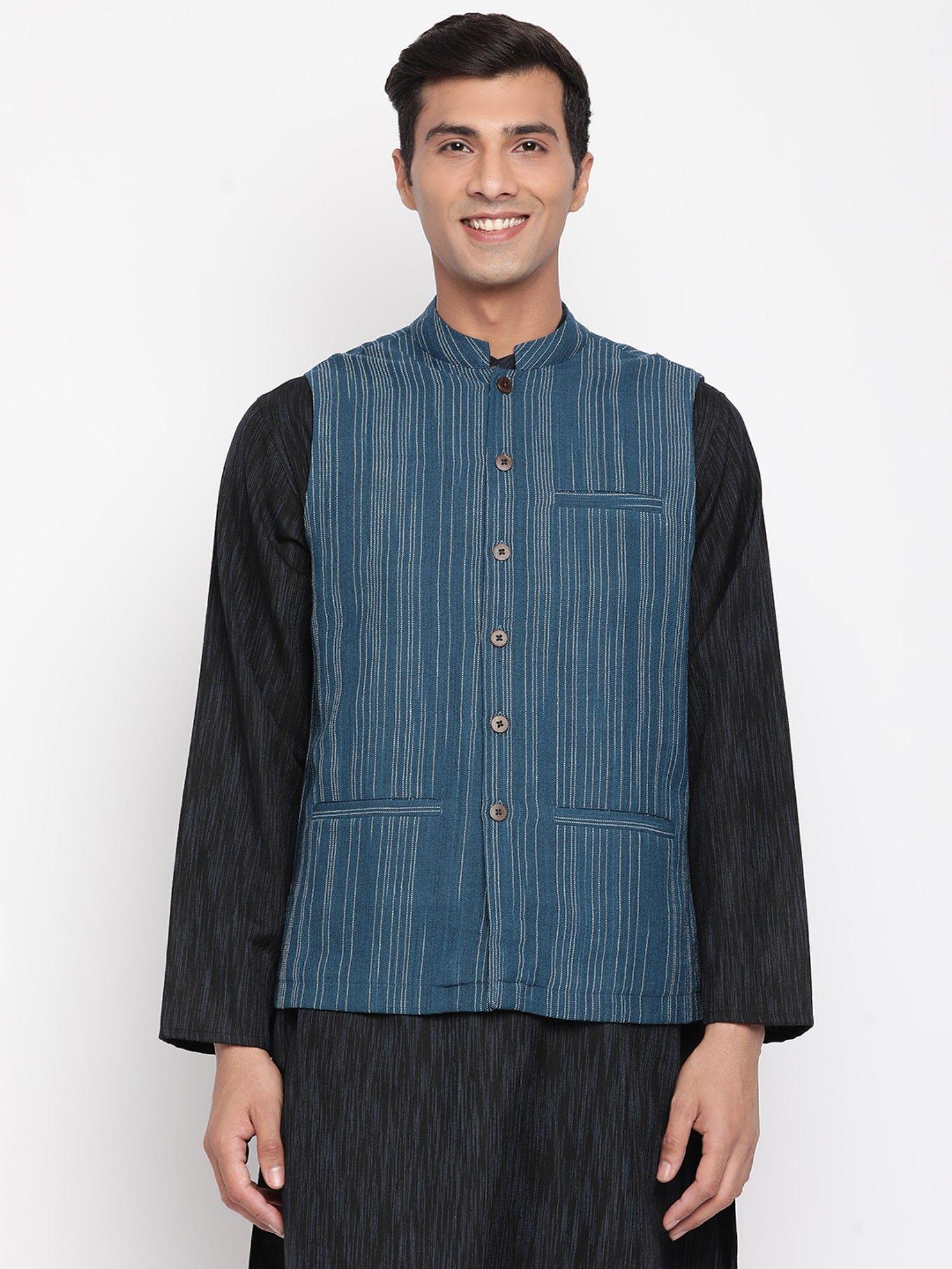 blue wool blend woven nehru jacket