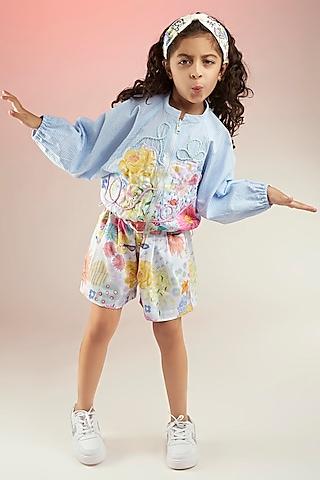 blue yarn dyed cotton & premium cotton satin floral printed co-ord set for girls