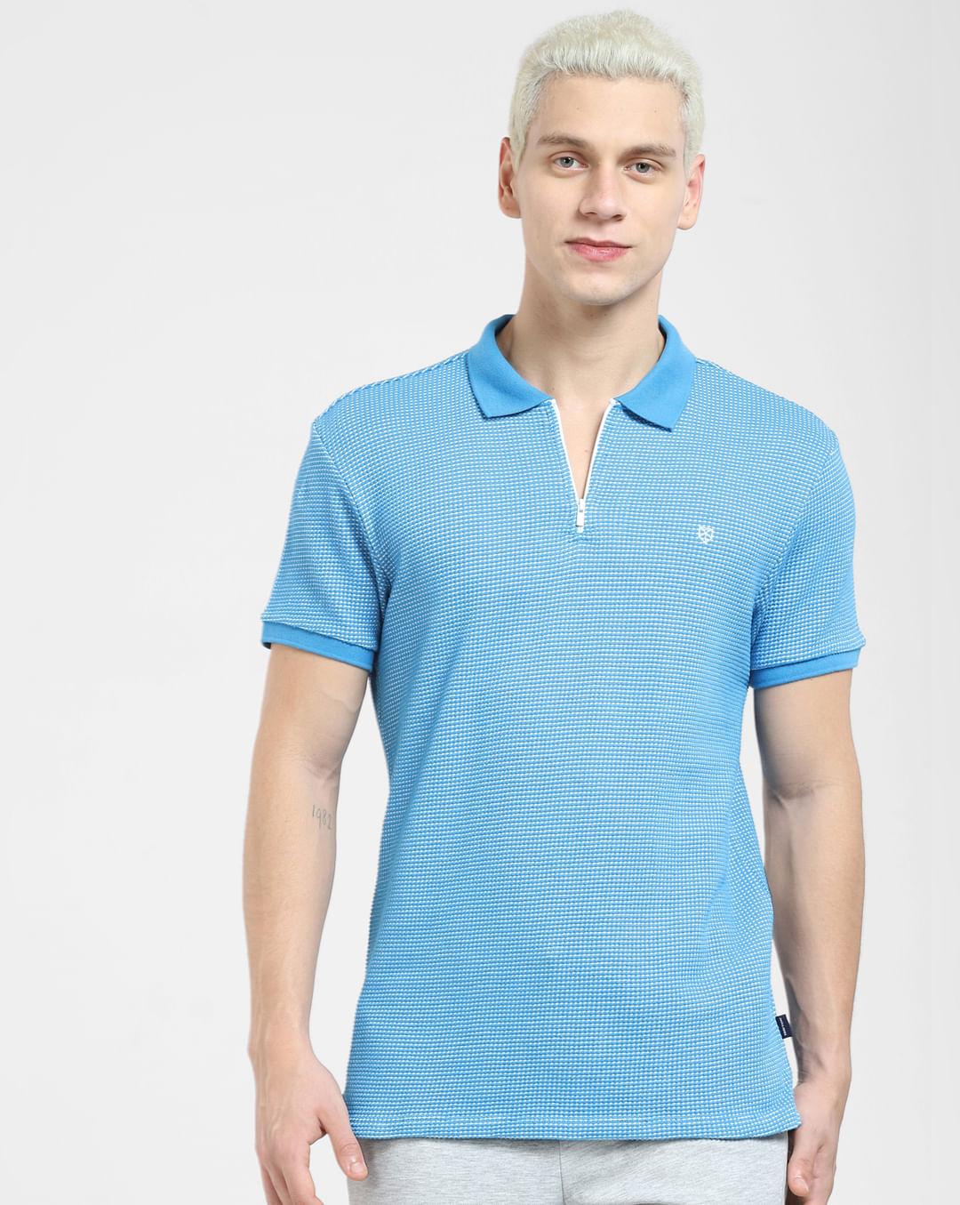 blue zip-up polo t-shirt
