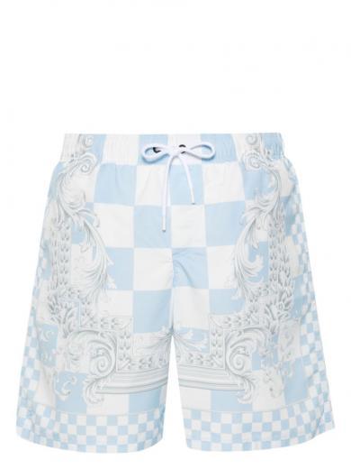 blue/white barocco checkerboard swim shorts