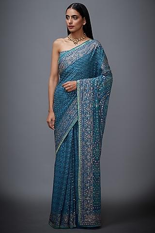 blue & aqua blue printed embroidered saree set