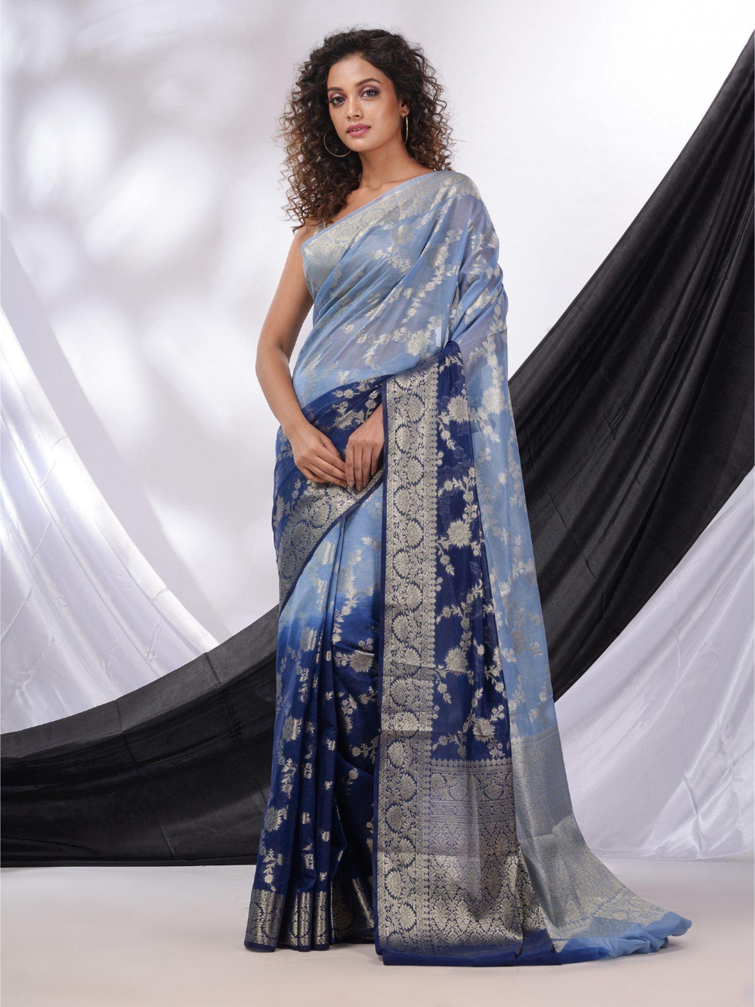 blue & baby blue georgette handwoven saree with floral designs & unstitched blouse