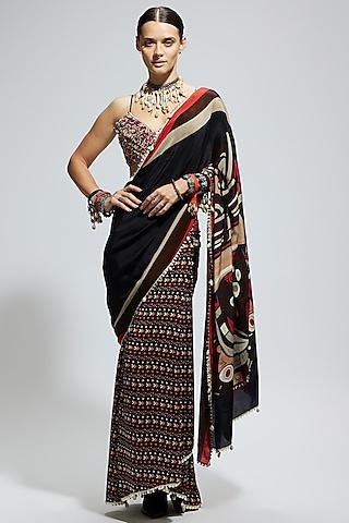 blue & black crepe mask printed saree set