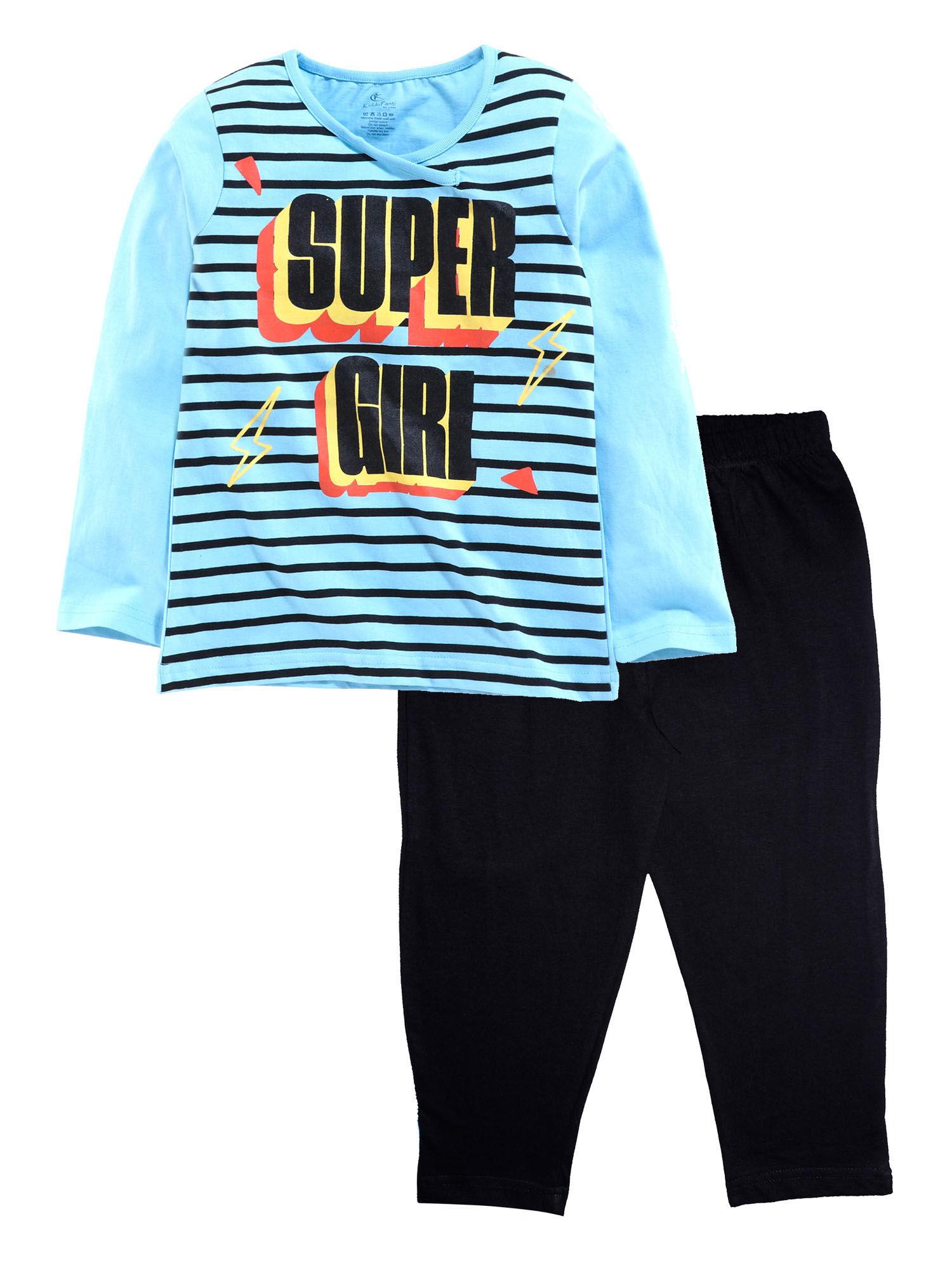 blue & black girls stripe "super girl" chest print tee with solid pyjama pant (set of 2)
