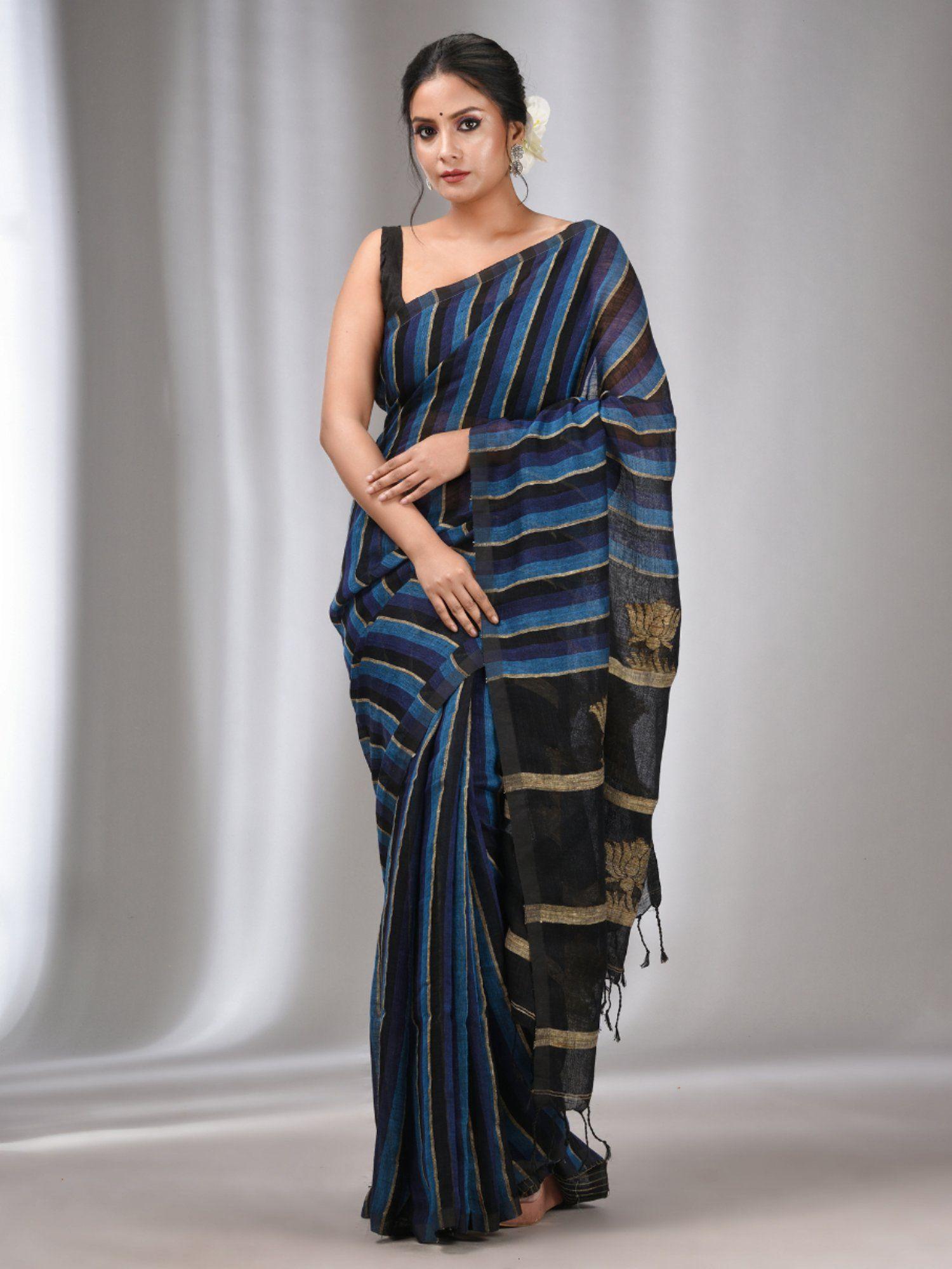 blue & black linen handwoven soft saree with ghicha pallu with unstitched blouse