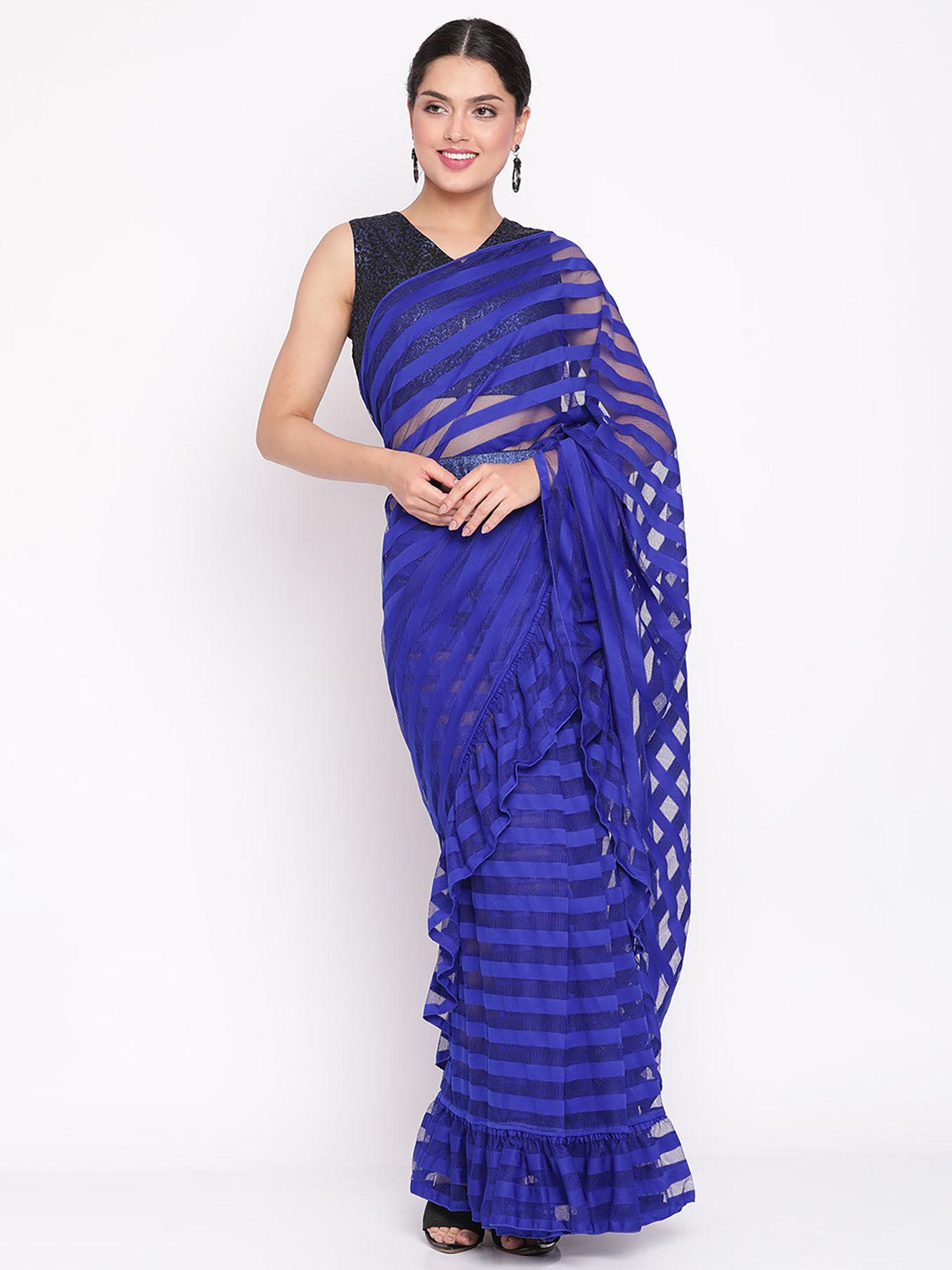blue & black striped net ready to wear saree with unstitched blouse