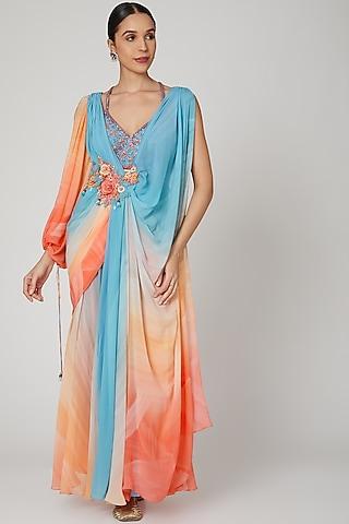 blue & coral flat chiffon digital printed draped saree set