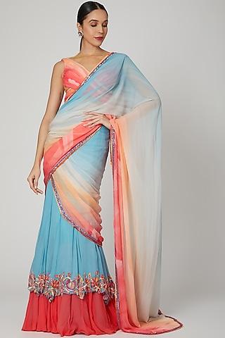 blue & coral georgette digital printed fish-style draped saree set