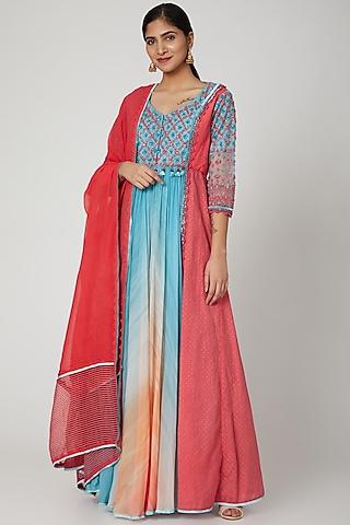 blue & coral printed draped anarkali set