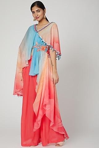 blue & coral printed draped kurta set