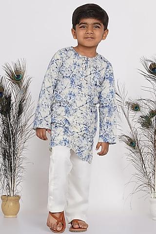 blue & cream printed kurta set for boys