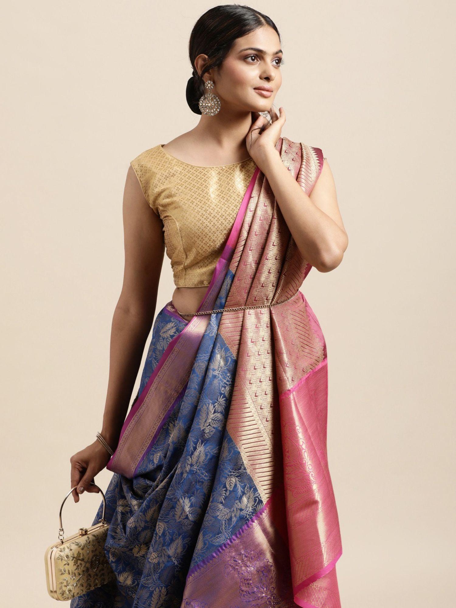 blue & gold-toned woven design zari silk blend kanjeevaram saree with unstitched blouse