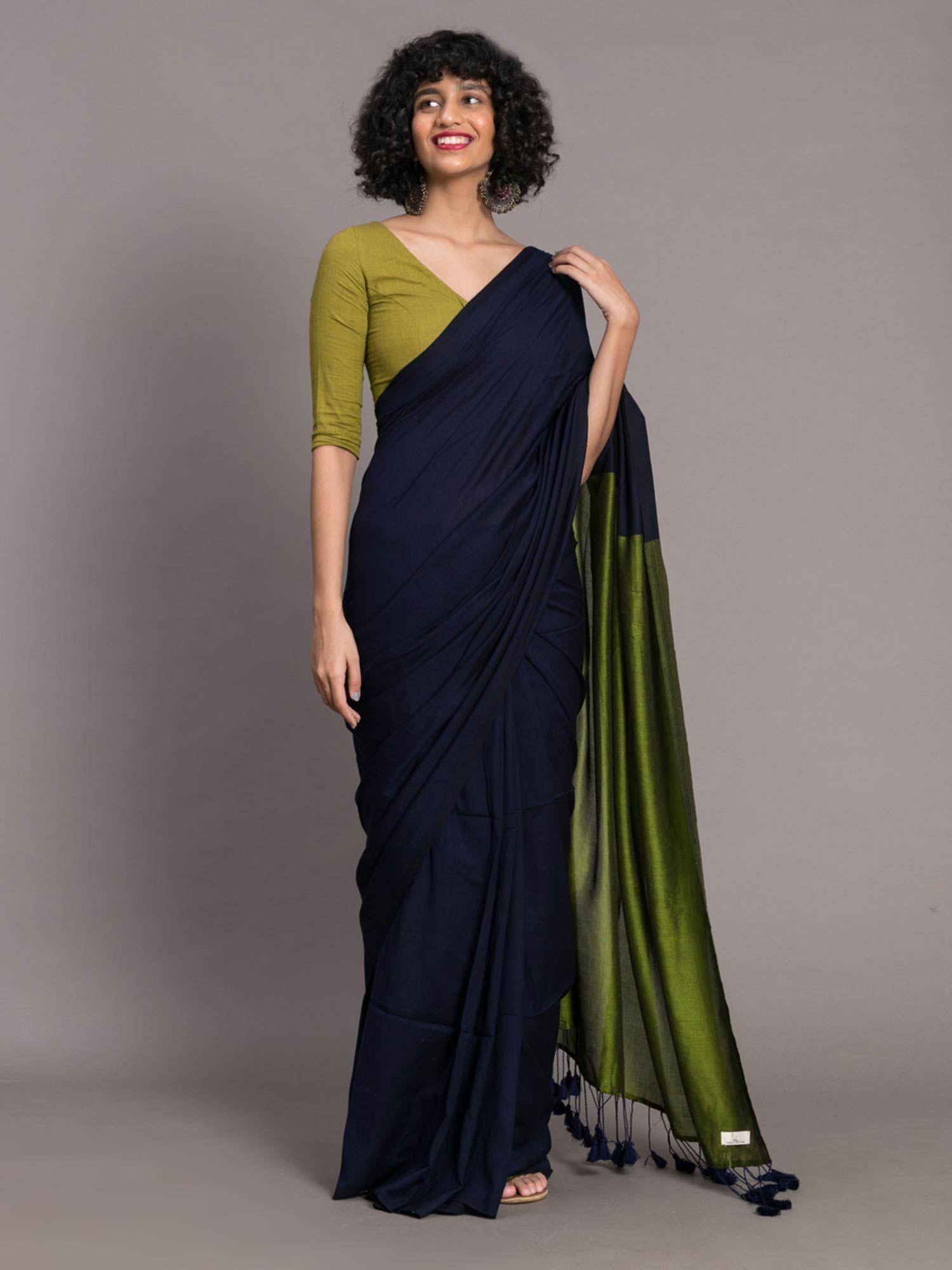 blue & green cotton acrylic colourblocked saree without blouse