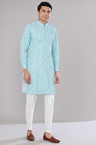 blue & green cotton silk ikat printed kurta set