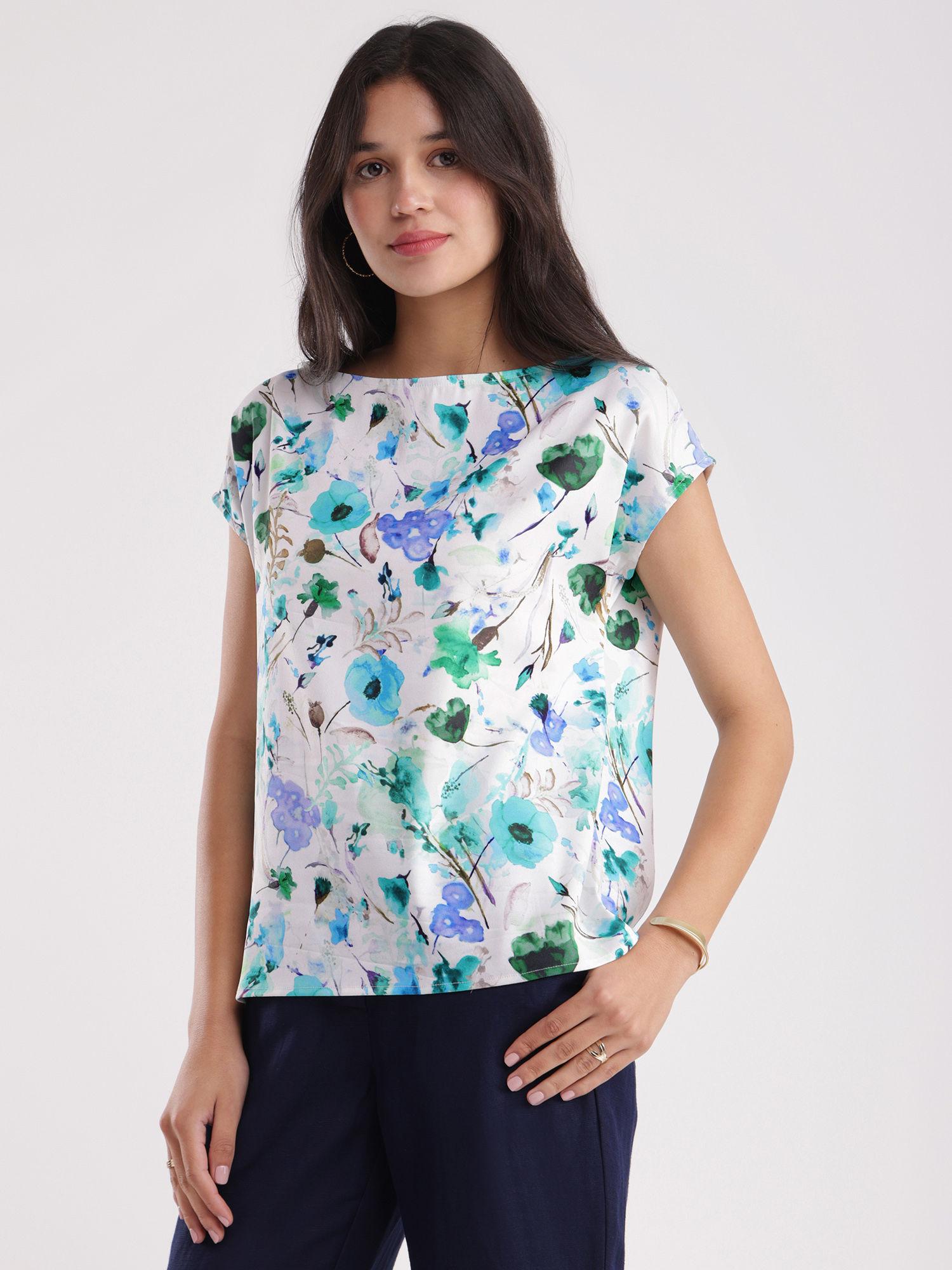 blue & green floral boat neck top