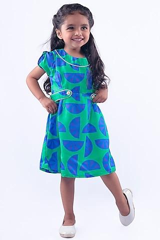 blue & green lemon cotton blend printed dress for girls