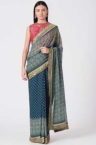 blue & green ombre georgette ajrakh printed saree