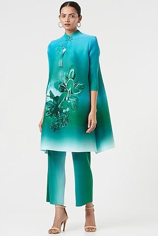 blue & green pleated polyester tunic set